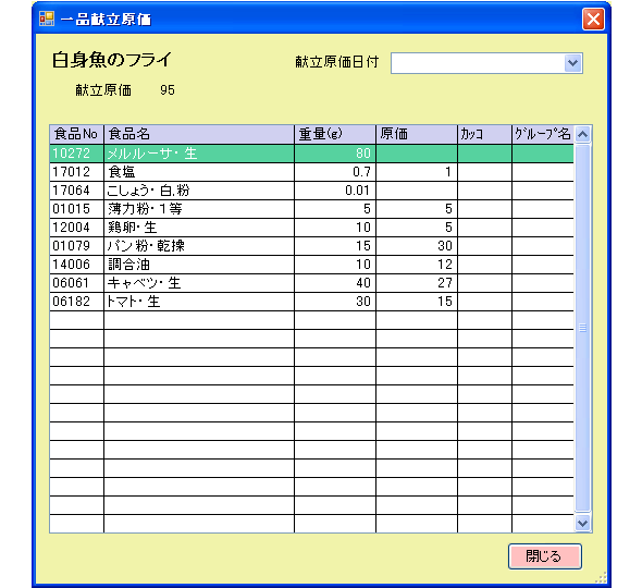 栄養マイスター　原価計算　一品献立原価情報