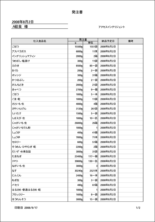 栄養マイスター　在庫食品発注書印刷