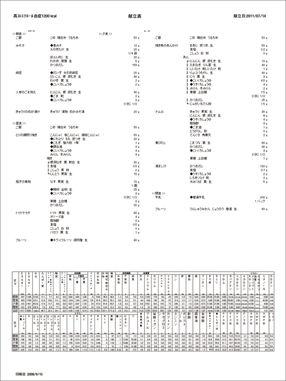 献立表印刷