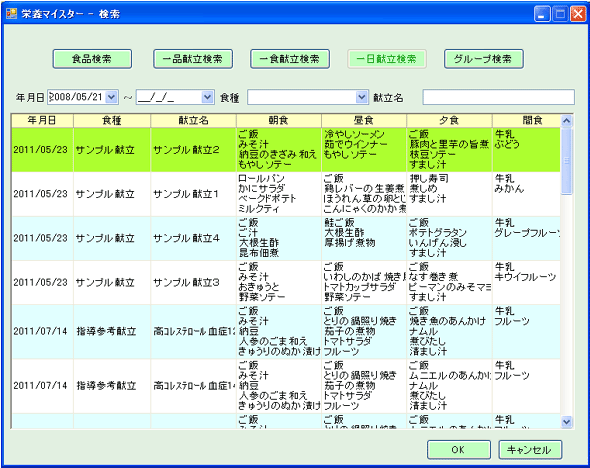 献立作成　一日献立検索