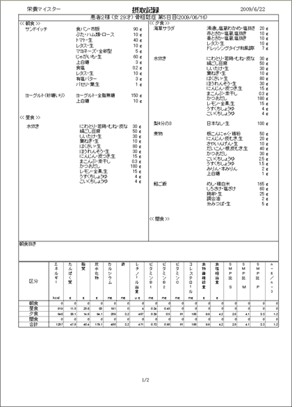 栄養マイスター　栄養指導　個人管理キット　一日摂取献立記録印刷