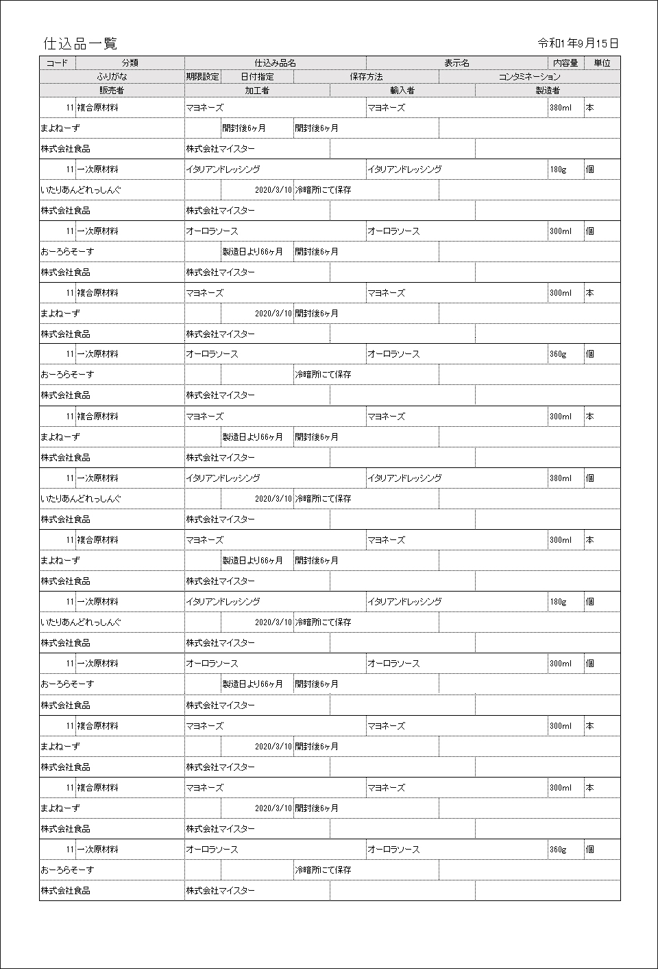 食品マイスターの組立て品一覧印刷